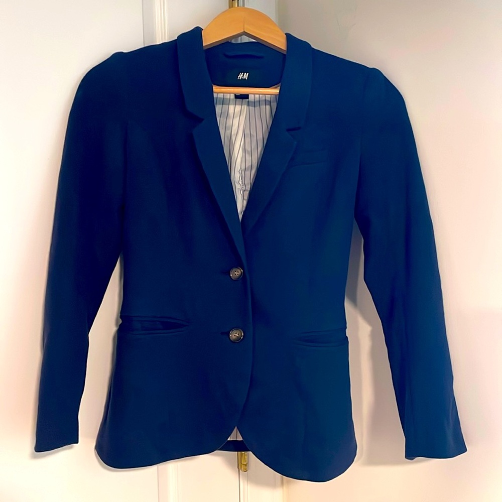 Navy Blue blazer 2 button with Brown elbow pads